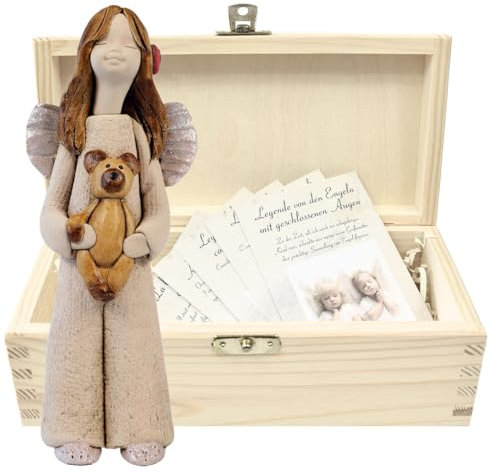 butterfly Handgefertigte Schutzengel Figur Aus Keramik Mit Teddybär Und Naturholz Geschenkbox