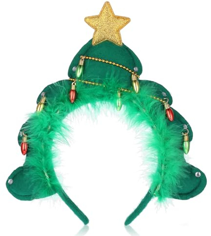 WLLHYF Diadema de árbol de Navidad, diadema de elfos creativos verdes con campanas, sombrero de Papá Noel, lindo tocado, diademas de moda, accesorios de fiesta de Navidad para adultos