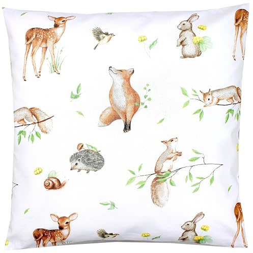 TupTam Funda para Cojin con Diseño Decorativo para Niños, Animales del Bosque/Erizo/Ciervo/Zorro/Conejo/Beige, 40 x 40 cm