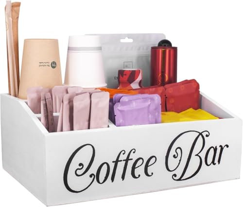 Guolich Organizador de Café y Té-Caja de Madera para Accesorios de Cafetera-Caja Infusiones -Caja de Te -Bandeja con de madera 4 Compartimentos para Infusiones Azucarillos Tazas Cápsulas (Blanco)