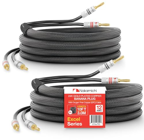 Nakamichi 24K vergoldeter Bananenstecker mit Lautsprecherkabel, 99,9% sauerstofffreies Kupfer (OFC), robustes geflochtenes Kabel, CL2-zertifiziert - Schwarz (12AWG / 10 Fuß / 3,0 Meter) 2er-Pack