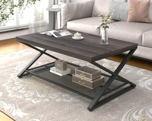 LVB Coffee Table for Living Room Coffee Tables With Storage 100cm Dark Oak | 2 Tier Industrial Wood Metal Center Living Room Shelf, Farmhouse Low Rectangle Cocktail Tea Table for Home Office Bedroom