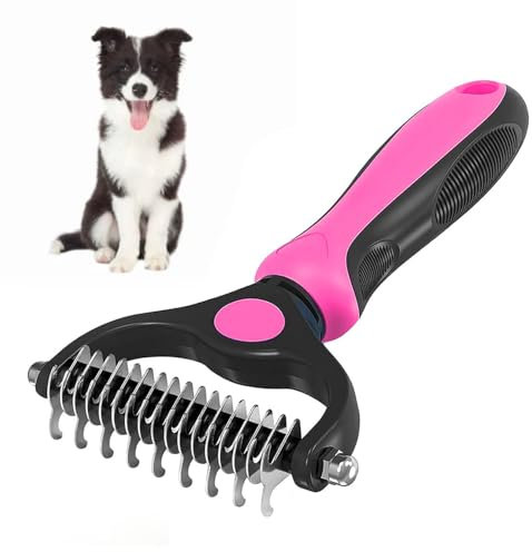 Dematting Comb for Dog and Cat, Pet Grooming Rake and Brushes for Small, Medium & Large Dogs 17+9 Double Sided Deshedding Tool Removes Knots and Tangled Hair (Rose Red)