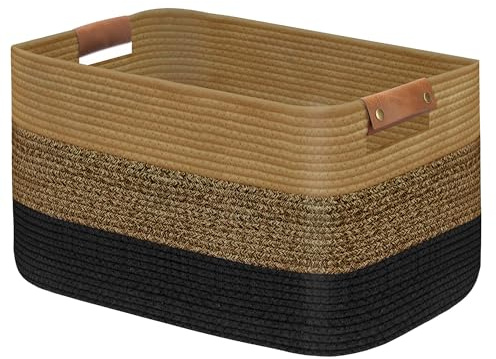 Goodheim Large Woven Cotton Rope Laundry Basket with Leather Handles, Rectangular Collapsible Storage Hamper for Clothes, Towels, Baby Kids Dog Toys, Washing Basket for Home Decor (Black-Brown)
