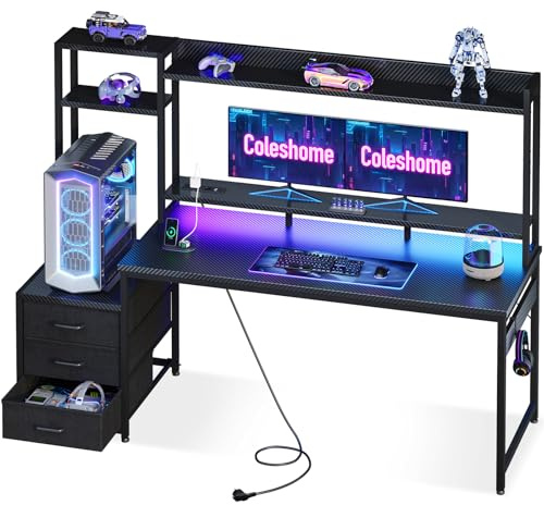 Coleshome Gaming Tisch mit Regal und Schubladen,161×48cm Gaming Schreibtisch mit LED-Beleuchtung & Steckdose, Computertisch mit Ablageflächen & Monitorständer, Carbon Fiber Schwarz