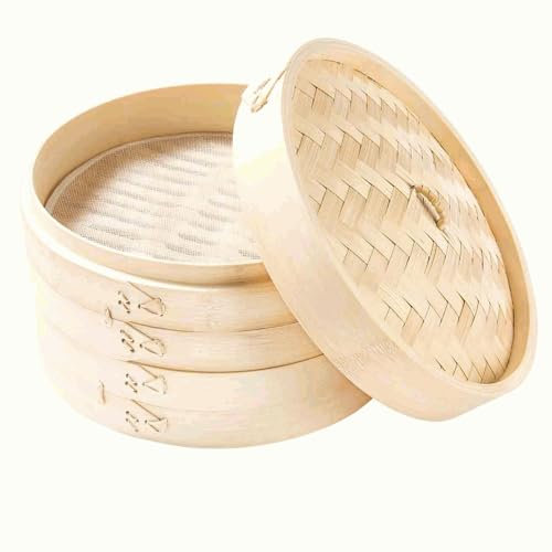 CHEFZOCO Cesta de Vapor de Bambú para Cocinar Asiático, Steamer de bambú, Canasta para vapor, Vaporera de bambú, Dim sum basket, Diámetro 24 cm, Altura 15.3 cm, 2 pisos, 800 gramos