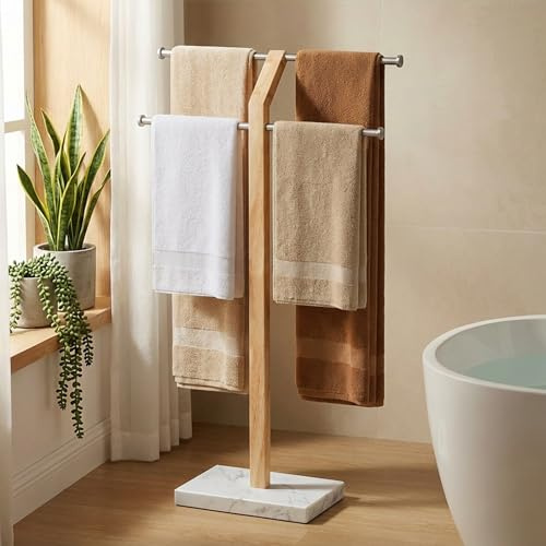 KES Width Adjustable Free Standing Towel Rack with 3X Thicker Weighted Natural Marble Base, 2-Tier Wooden Towel Rack Stand for Bathroom Floor, 18/8 Stainless Steel, Brushed Finish, BTH800-2