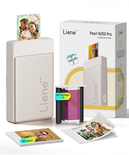 Liene Pearl N200 Pro Stampante Foto Portatile Mini a Sublimazione Termica – Include 10 Carta Foto Adesiva (5x7.6 cm) e 1 Nastro, Bluetooth, 300 dpi, per iPhone e Android, con Batteria, Color Oro