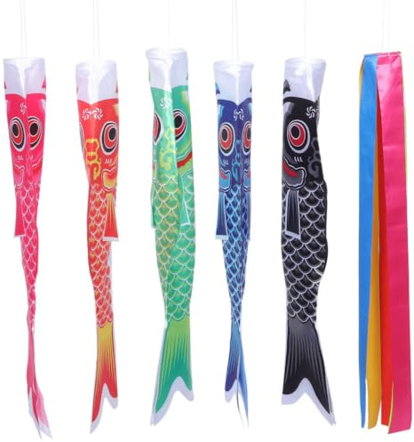 Happyyami 6 Mangas de Viento Decorativas de Carpa Japonesa en Tela de Punto Urdimbre para Jardín y Restaurante, Accesorio Exterior Diseño Clásico de Pez Koi