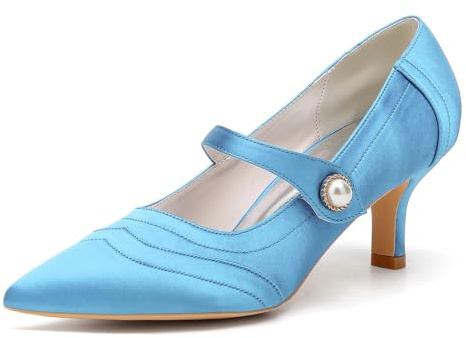 Escarpins Mariée Satin Bout Pointu Mary Jane Perle Petit Talon Chaussures Mariage 6Cm,Sky Blue,40 EU