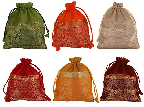 Touchstone New Gorgeous Indian Traditional Paisley Brocade Drawstring Large Bags Pouches Potli For Wedding Gift Jewelry Packaging Bridal Party Favors Assorted Colors Set Of 6 For Women