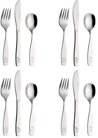Exzact Kinderbesteck Edelstahl 12-teiliges Set - 4 x Gabeln, 4 x Messer, 4 x Löffel (Hund Katze Bunny)