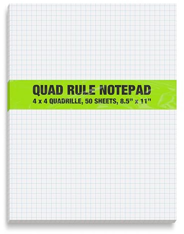Better Office Products Graph Paper Pad, 8.5 x 11, 50 Sheets, Double Sided, White, 4x4 Blue Quad Rule, Easy Tear, Grid Paper, Graph Paper