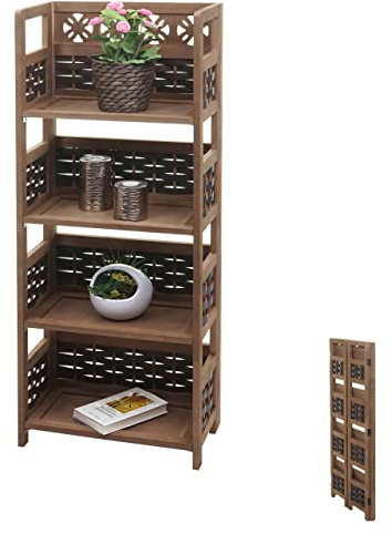 Mendler Regal HWC-K86, Standregal Wohnregal, klappbar 4 Ablagen, Holz 110cm - Dunkelbraun, Geflecht Dunkelbraun