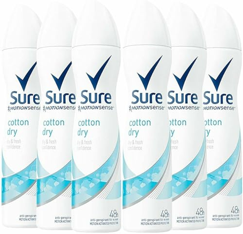 Sure Cotton Dry Anti-Perspirant Aerosol Women's Deodorant Spray with a clean fragrance inspired by fresh cotton sheets for 48 hour protection against sweat and odour 6x 200 ml