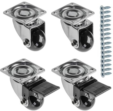 GTV - Ruedas para muebles BRAZIL, 4 unidades, juego de ruedas para muebles: 2 ruedas con freno, 2 sin freno, de acero y goma, +16 tornillos cónicos 4 x 16, diámetro: 35 mm, color: negro