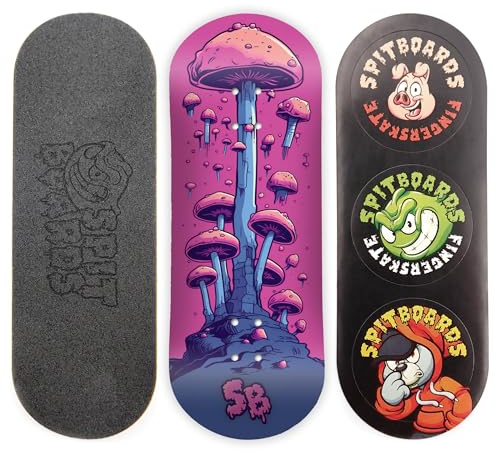 SPITBOARDS® 34mm Fingerboard Deck - Real Wood (5-Layers) Classic Popsicle Street Shape - Size: 34 x 96 mm - Single Graphic Deck (Real Wear) - Optimized Concave - Alien Mushrooms