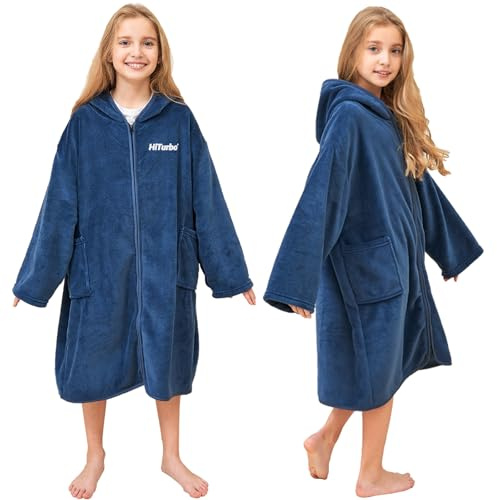 Hiturbo Kids Hooded Towel Robe: Changing Zipper Bath Robe Poncho Towelling for Swimming Beach Surfing Home Navy