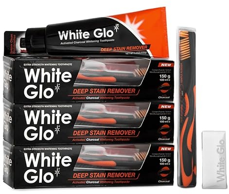 White Glo Charcoal Deep Stain Remover Whitening Toothpaste 100 ml-Pack of 3 +Sanitral Dental Floss 50 Pcs (Set of 4)