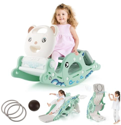 GOPLUS 4 en 1 Toboggan Enfant avec Panier de Basket, Cheval à Bascule avec Lancer d’Anneaux pour Enfants 3+ Ans Charge 50KG (Vert Clair)