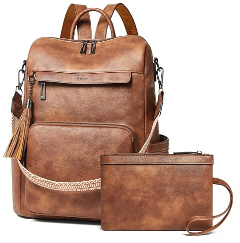 Shrrie Vegan Leather Backpack for Women Backpack Purse 15.6 inch Womens Laptop Backpack for College Travel Work-Two-toned Brown