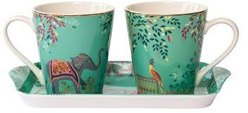 Sara Miller London India Mug & Tray Set, Elephant Oasis - 3 Piece Brunch Set - 2 Porcelain Mugs with 22ct Gold Detailing & Coordinating Melamine Tray for Afternoon Tea Moments & Special Events
