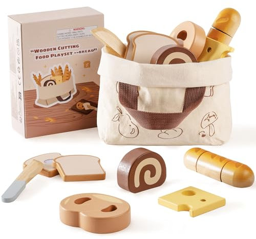 ROBOTIME Holz-Brot-Schneideset für Kinder - Realistisches Bäckereispielzeug mit Holz-Brot, Käse, Bagel & Zubehör, Montessori-Lernspielzeug für Kleinkinder