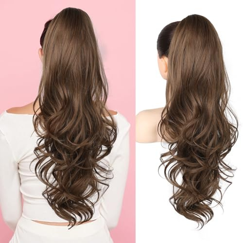 Flufymooz 26 Ponytail Extension, Long Wavy Curly Claw Clip in Ponytail Hair Extensions, Natural Synthetic Hairpiece for Women Daily Wear(Medium Brown with Medium Auburn)