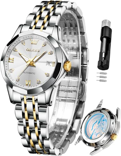 OLEVS Montre automatique pour femme avec diamant à remontage automatique de luxe et élégante, L9982 : bracelet bicolore et cadran blanc