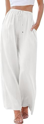 Cegerne Pantalon en Lin Femme Pantalon d’été Pantalon de Plage léger avec Poches, Blanc, XL