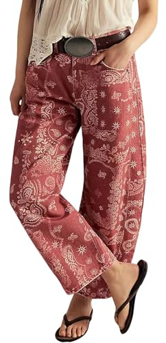 loveimgs Women Boyfriend Baggy Barrel Jeans Floral Print Denim Ankle Pants Wide Leg Mid Rise Jeans Sweatpants Y2k Patchwork, Rose Red, Large