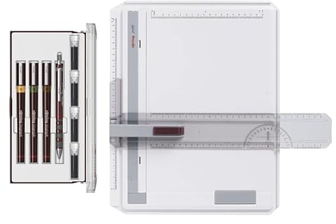 rOtring A4-Profil-Zeichenbrett & Isograph Junior Stifte-Set, 3 nachfüllbare technische Fineliner, Druckbleistift und Tintenpatronen, deutsches Präzisions-Zeichenset für Studenten und Designer