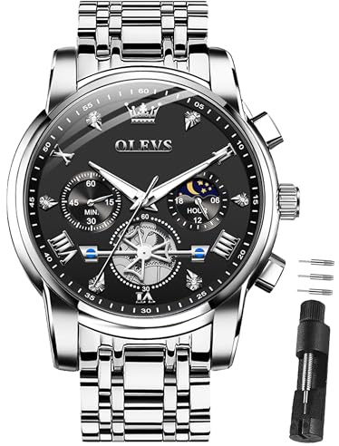 OLEVS Men Silver Watch Black Face Luxury Waterproof Large Dress Chronograph