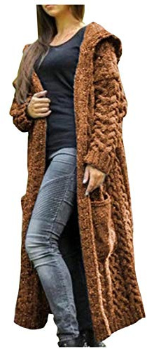 Y2K Trench - Cardigan lungo da donna con cappuccio, a maglia grossa, tinta unita, elegante, oversize, a maglia lunga, in jacquard, con cappuccio, antivento, giacca invernale, marrone, S