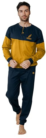 Australian Pigiama Lungo Uomo in Caldo Cotone in Vari Modelli E Taglie dalla M alla 2XL, Pigiama Maschile (IT, Testo, XXL, Regular, Regular, AI762-Senape/Blu)