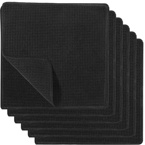 TIESOME 6 Stück Spüllappen Waschbar,Schwarz Barista Tuch 20 x 20 cm Reinigungstücher Mikrofaser Waffeltuch küchenlappen Geschirrtücher Lappen Küche für Küche Fenster Glas