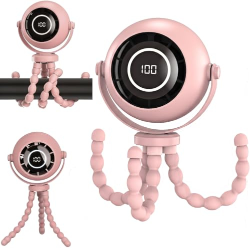Ventilador Carrito Bebe Sin Aspas, Ventilador Portatil 4000mAh con Pantalla LED, Mini Ventiladors USB Flexible 360°, Ventiladors Coche Silencioso con Luz Nocturna para Viajes, Silla de Coche, Oficina