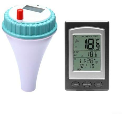 Termometro galleggiante wireless per piscina e spa, con display LCD che mostra la temperatura dell'acqua, temperatura interna, mese, data, settimana e canale