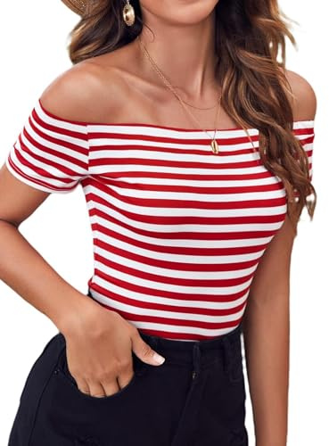 LilyCoco Off The Shoulder Tops for Women Striped Short Sleeve Sexy Going Out Top Red Large