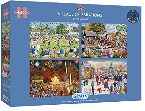 Village Celebrations | 4 x 500 Piece Jigsaw Puzzles | Multi-Box Jigsaw | Sustainable Puzzle for Adults | Premium 100% Recycled Board | Great Gift for Adults | Gibsons Games