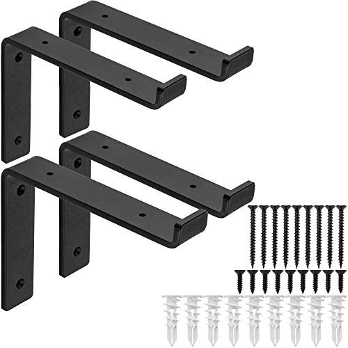 Heavy-Duty Shelf Brackets - Premium Construction Grade 1/4 (6mm) Thick Steel - Matte Black Iron Finish for Modern Farmhouse Rustic Open Shelving w/ Hardware, 4-Pack - (L Bracket w/ Lip, 7.25 x 6)