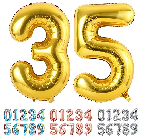 Ponmoo Foil Balloon Number 35/53 Gold, Giant Numbers 0 1 2 3 4 5 6 7 8 9 10-19 20-29 30-39 40-49 50-60-70-80-90-100, Large Balloons for Wedding Anniversary Birthday Party Decoration