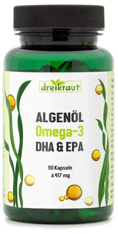 Algenöl Omega-3, dreikraut DHA & EPA, 90 vegane Kapseln, Monatspackung, 1251mg pro Tag, Deutsche Herstellung