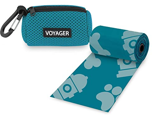 Best Pet Supplies Dog Poop Bag Holder Leash Attachment with 15 Bags, Turquoise, Reusable Mesh Dispenser Pouch for Travel, Walking, Park, and Outdoor Use, Soft and Durable with Clip-On