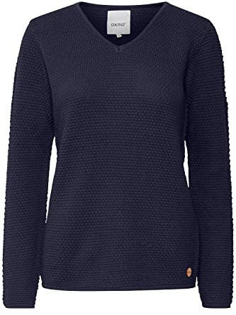 OXMO OXHanna Damen Strickpullover Feinstrick Pullover mit V-Ausschnitt 100% Baumwolle Regular fit, Größe:S, Farbe:Total Eclipse (194010)
