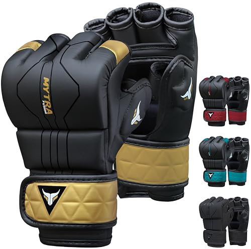 Mytra Fusion MMA Handschuhe mit offener belüfteter Handfläche MMA Sparring Handschuhe Kickboxen, Grappling, Training, Cage Fighting Mixed Martial Arts Handschuhe (M, Black/Gold)
