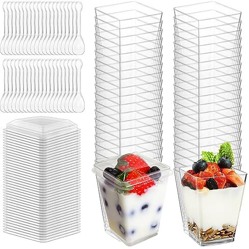 FINEASY 40 Pezzi 150ml/5oz Tazze da Dessert in Plastica con Cucchiai e Coperchio, Set di Bicchieri da Dessert Quadrati, Food Contenitori Riutilizzabili Trasparenti per Budini, Mousse, Gelati