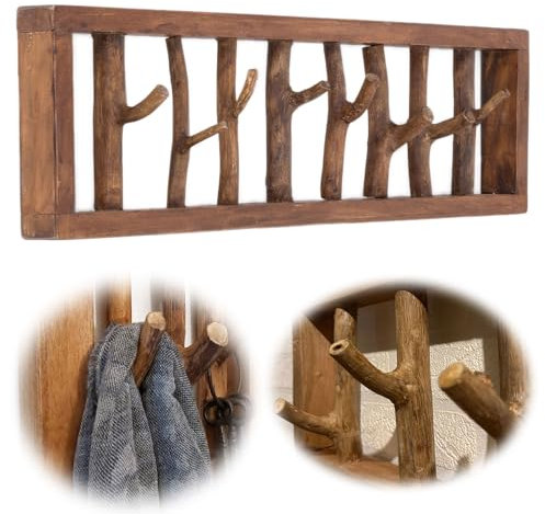 LS-LebenStil XL Teak Holz Wandgarderobe 8 Kleiderhaken 80cm - UNIKAT Ast Baumstamm - Vintage Fundholz Teibholz - Garderobenleiste Garderobenpaneel Garderobenhaken Garderobe Doppelhaken