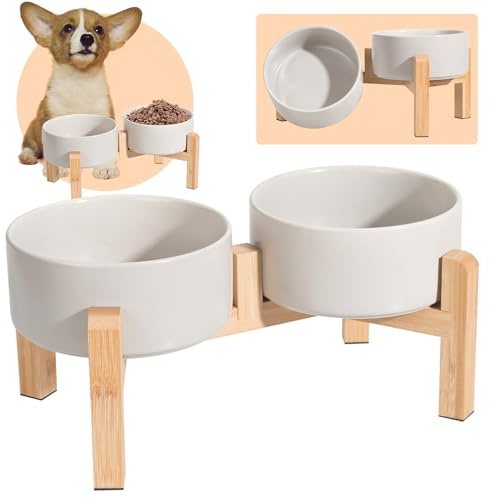Gamelle pour Chien Surélevée Ceramique - Double Gamelle Chien Surelevee avec Support en Bambou - Set de Bol Chein pour Nourriture et Eau - Gamelles pour Chiens de Petite et Moyenne Taille - 2 x 850 ml