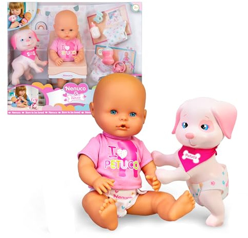 Nenuco & Petuco, Babypuppe 35 cm und der kleine Welpe mit hartem Körper, beide sind Babys und müssen Sich um sie kümmern, Zubehör für beide, T-Shirt, Windel, Schnuller und Flasche, 3 Jahre, berühmt